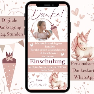 Danke Karte Einschulung Einhorn, personalisierte e-Card Danksagung Schulanfang, digitale Karte Schulkind, Danke per WhatsApp, Schulstart