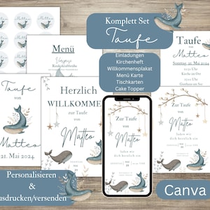 Digitale Einladung Taufe mit Fisch, Set Vorlagen Tauffest, Einladungskarten, Kirchenheft und Zubehör Taufe, e-Card Einladung Jungen, Bundle
