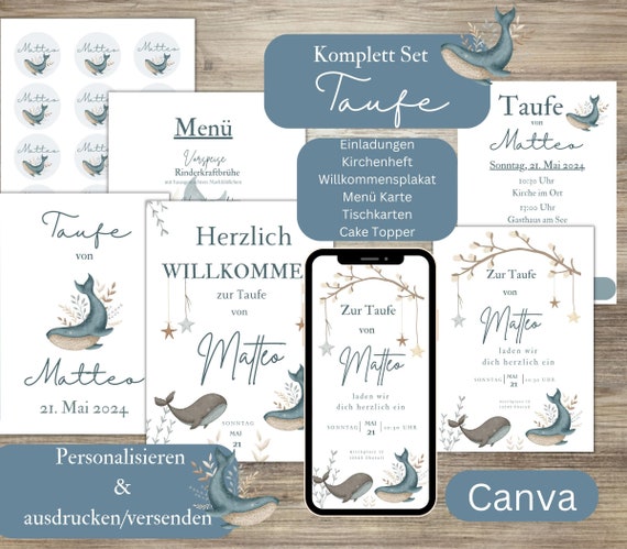 Taufe Vorlagen Set mit Wal, Canva Bundle für Einladungskarten, Kirchenheft, Menü und Deko, eCard Taufe Junge oder Mädchen
