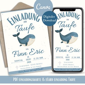 Einladung Taufe, Digitale Taufeinladung Wal, Einladungskarte WhatsApp, PDF zum Ausdrucken Vorlage Canva, eCard Taufe Junge Mädchen Fisch