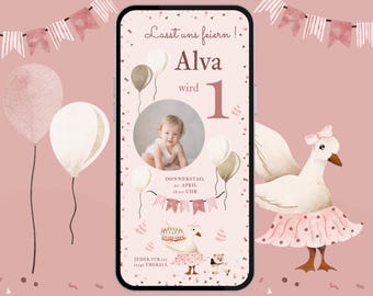 Pink photo invitation for a girl's birthday | Customizable digital birthday invitation with goose, balloons and pennants