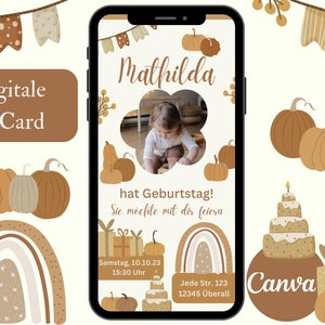 Cartão de convite para aniversário infantil com foto, convite digital WhatsApp outono, e-card aniversário, modelo festa de aniversário Canva