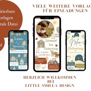 K&ouml;nnte beinhalten: Drei digitale Geburtstagseinladungsvorlagen mit bunten Illustrationen. Die erste Vorlage zeigt einen blauen Hintergrund mit Comic-Monstern und dem Text "Linus hat Geburtstag". Die zweite Vorlage zeigt einen braunen Hintergrund mit einer Farm-Szene und dem Text "Leonard hat Geburtstag". Die dritte Vorlage zeigt einen blauen Hintergrund mit einem Wal und dem Text "Nelis hat Geburtstag".