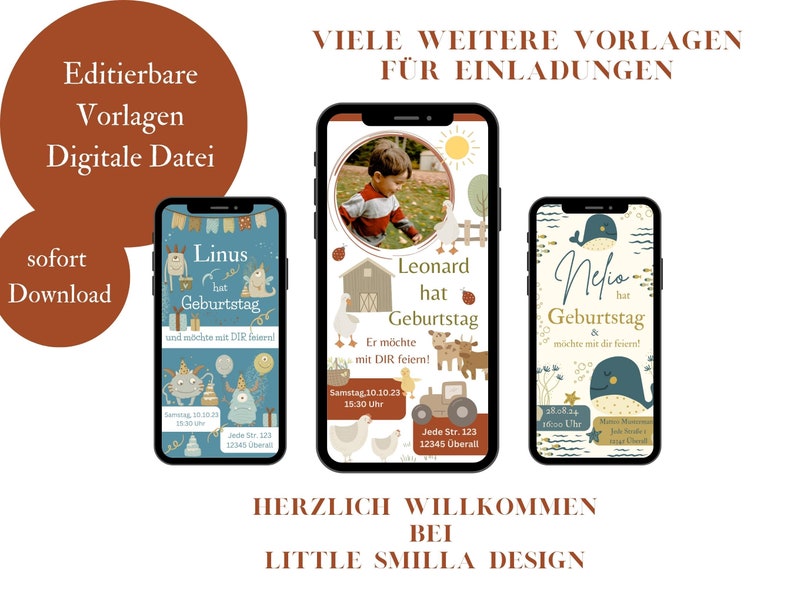 K&ouml;nnte beinhalten: Drei digitale Geburtstagseinladungsvorlagen mit bunten Illustrationen. Die erste Vorlage zeigt einen blauen Hintergrund mit Comic-Monstern und dem Text "Linus hat Geburtstag". Die zweite Vorlage zeigt einen braunen Hintergrund mit einer Farm-Szene und dem Text "Leonard hat Geburtstag". Die dritte Vorlage zeigt einen blauen Hintergrund mit einem Wal und dem Text "Nelis hat Geburtstag".