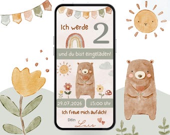 Digital children's birthday invitation, invitation card for a 2-year-old boy, 1st birthday invitation, Canva template with bear and rainbow