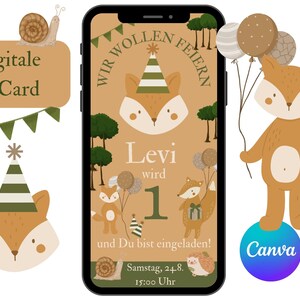 Puede incluir: Dise&ntilde;o de tarjeta electr&oacute;nica digital con un zorro de dibujos animados, gorro de fiesta y globos. El texto dice "Levi wird 1" y "Digitale E-Card". El dise&ntilde;o incluye un caracol, un erizo y &aacute;rboles. El logotipo de Canva es visible.