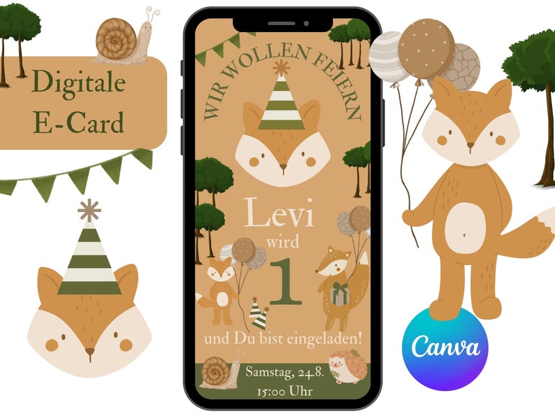 Puede incluir: Dise&ntilde;o de tarjeta electr&oacute;nica digital con un zorro de dibujos animados, gorro de fiesta y globos. El texto dice "Levi wird 1" y "Digitale E-Card". El dise&ntilde;o incluye un caracol, un erizo y &aacute;rboles. El logotipo de Canva es visible.