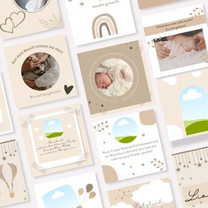Puede incluir: Una colecci&oacute;n de tarjetas cuadradas con tonos beige y marr&oacute;n suaves, con dise&ntilde;os tem&aacute;ticos de beb&eacute;s. Algunas tarjetas tienen texto en alem&aacute;n, mientras que otras muestran im&aacute;genes de beb&eacute;s, corazones, arco&iacute;ris y globos aerost&aacute;ticos. El tema general se centra en los anuncios de beb&eacute;s.