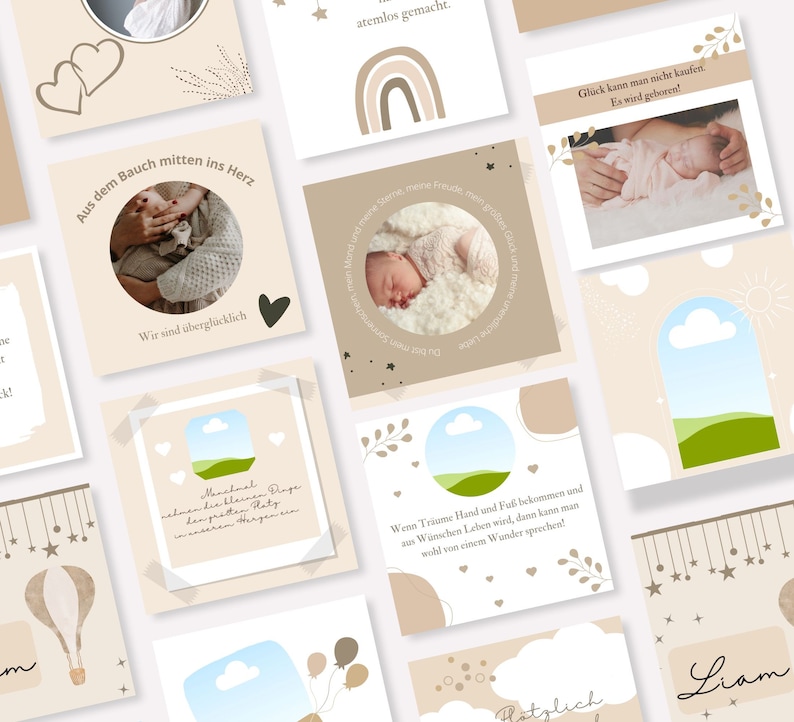 Puede incluir: Una colecci&oacute;n de tarjetas cuadradas con tonos beige y marr&oacute;n suaves, con dise&ntilde;os tem&aacute;ticos de beb&eacute;s. Algunas tarjetas tienen texto en alem&aacute;n, mientras que otras muestran im&aacute;genes de beb&eacute;s, corazones, arco&iacute;ris y globos aerost&aacute;ticos. El tema general se centra en los anuncios de beb&eacute;s.