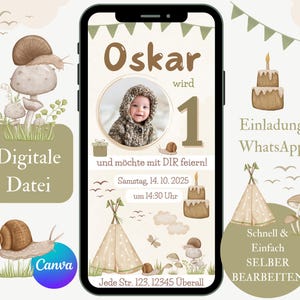 Einladung zum ersten Kindergeburtstag, Digitale Einladungskarte Baby Geburtstag, eCard Vorlage WhatsApp, Geburtstagseinladung Junge Canva