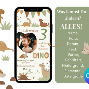 May include: A digital invitation for a dinosaur-themed birthday party. The invitation features a green, brown, and orange color scheme with a cartoon dinosaur and the text "Ich werde 3 und Du bist eingeladen! DINO".