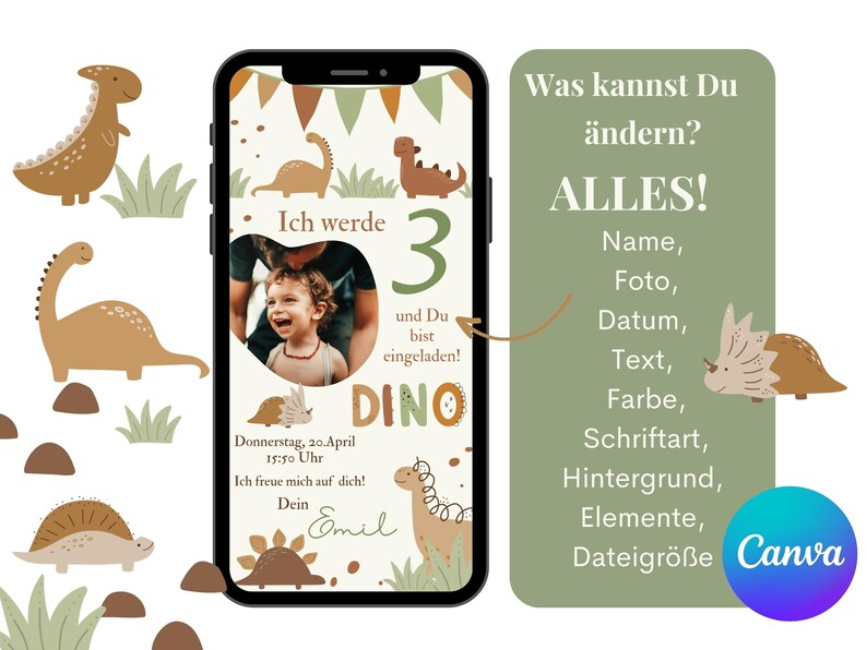 May include: A digital invitation for a dinosaur-themed birthday party. The invitation features a green, brown, and orange color scheme with a cartoon dinosaur and the text "Ich werde 3 und Du bist eingeladen! DINO".