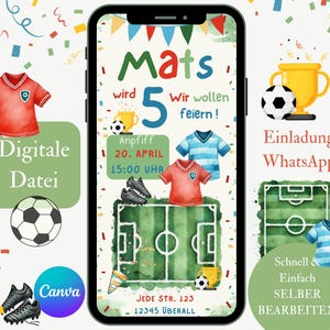 Invitación cumpleaños infantil fútbol, tarjeta de invitación digital niño, eCard invitación cumpleaños niños, invitación vía WhatsApp plantilla Canva