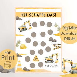 Tableau de récompenses pour excavatrice, plan de récompense pour enfants, motivation, système de récompense PDF à imprimer, Montessori, je peux le faire chantier DIN A4