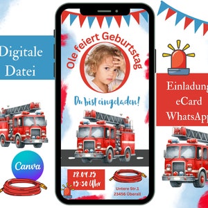 Feuerwehr Einladung Kindergeburtstag, digitale Geburtstagseinladung, personalisierbare E-Card WhatsApp, Einladungskarte Junge Canva Vorlage