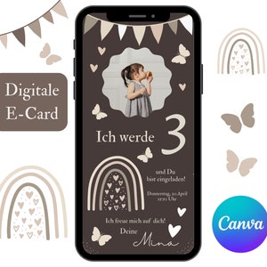 Digitale Regenbogen Einladung Mädchen, Einladungskarte Kindergeburtstag Foto, personalisierte Einladung 3. Geburtstag Canva Vorlage mit Bild