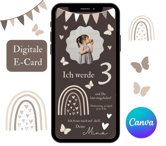 Digitale Regenbogen Einladung Mädchen, Einladungskarte Kindergeburtstag Foto, personalisierte Einladung 3. Geburtstag Canva Vorlage mit Bild