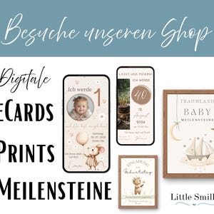 May include: Digital e-cards and prints are displayed, including a framed baby milestone print with a sailboat and moon design. The image also shows birthday invitations and phone screens with event details.