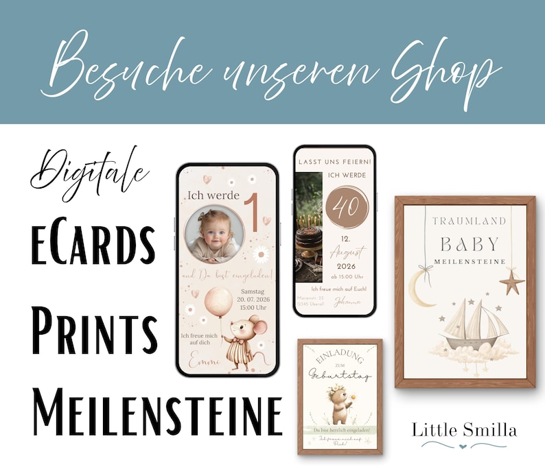 May include: Digital e-cards and prints are displayed, including a framed baby milestone print with a sailboat and moon design. The image also shows birthday invitations and phone screens with event details.
