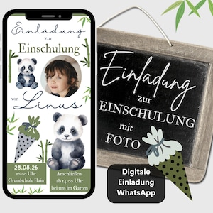 Convite digital para matrícula escolar, cartão de convite Panda para o início das aulas, convite WhatsApp para menino ou menina para o início das aulas, eCard para o primeiro dia de aula