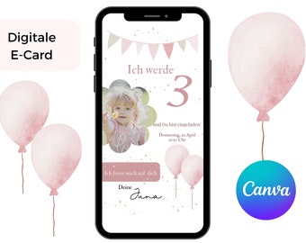 Geburtstagseinladung Kinder, Digitale Einladung zum Geburtstag, Vorlage Kindergeburtstag per WhatsApp, E-Card edit in Canva