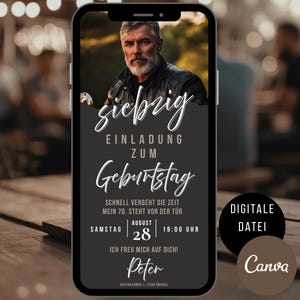 Einladung 70. Geburtstag Mann, digitale Einladungskarte WhatsApp Geburtstagsparty, eCard Canva Vorlage mit Foto, Geburtstagseinladung Männer