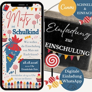 Personalisierte Einladung Einschulung digital,  Einladung Schulanfang WhatsApp Einladungskarte zum Schulanfang, eCard Junge erster Schultag