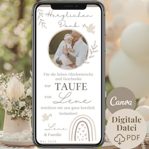 Tarjeta digital de agradecimiento por bautizo con foto, tarjeta electrónica boho arcoíris | Mensaje de agradecimiento por bautizo para niña por WhatsApp | Gracias por las felicitaciones por la celebración del bautizo imagen 1