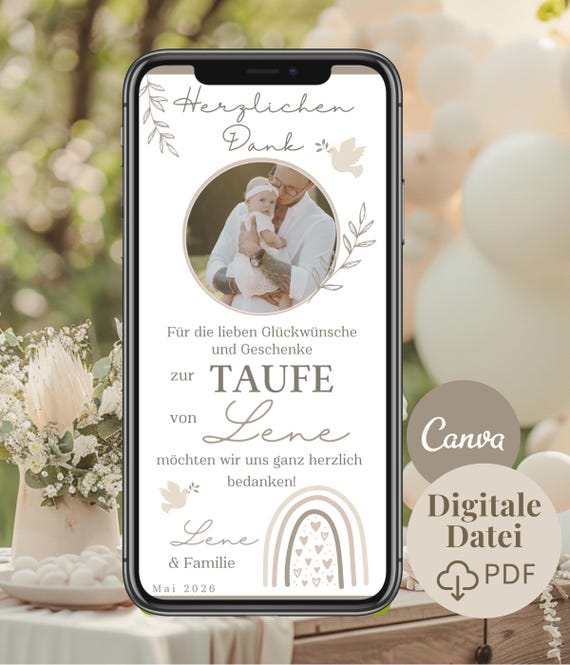 Digitale Dankeskarte Taufe mit Foto Regenbogen Boho eCard | Danksagung Taufe Mädchen WhatsApp | Danke für Glückwünsche Tauffeier