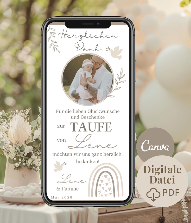 Tarjeta digital de agradecimiento por bautizo con foto, tarjeta electrónica boho arcoíris | Mensaje de agradecimiento por bautizo para niña por WhatsApp | Gracias por las felicitaciones por la celebración del bautizo imagen 1