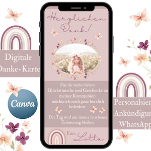 Danke Karte Kommunion Wildblumen, digitale Danksagung mit Foto WhatsApp, Konfirmation rosa Vorlage Canva, eCard Mädchen Vielen Dank