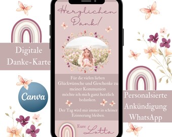 Thank you card for First Communion with wildflowers, digital thank you with photo for WhatsApp, pink Confirmation template from Canva, eCard for girls, thank you very much