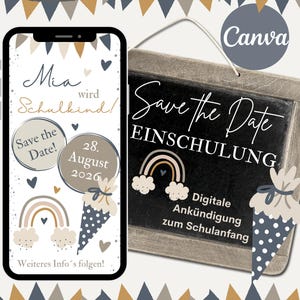 Save the Date Einschulung Einladung, E-Card Ankündigung erster Schultag, personalisierte Karte Schulanfang Regenbogen Schultüte Mädchen