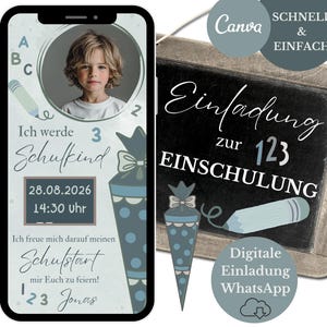 Carte d'invitation pour l'inscription scolaire avec photo, carte d'invitation numérique pour la rentrée scolaire garçon, e-card, modèle personnalisable Canva écolier bleu