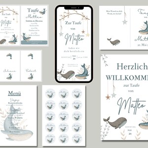 Puede incluir: Un conjunto de invitaciones imprimibles para baby shower con tem&aacute;tica de ballena. Las invitaciones presentan una ballena azul con vientre blanco y fondo azul claro. El texto en las invitaciones dice "Zur Taufe von Matteo" y "21. Mai 2024".
