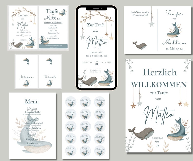 Puede incluir: Un conjunto de invitaciones imprimibles para baby shower con tem&aacute;tica de ballena. Las invitaciones presentan una ballena azul con vientre blanco y fondo azul claro. El texto en las invitaciones dice "Zur Taufe von Matteo" y "21. Mai 2024".