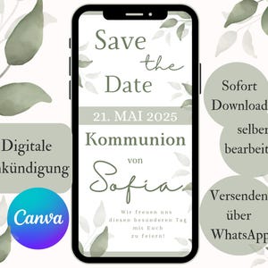 Save the Date Kommunion Mädchen Eukalyptus, eCard Ankündigung Einladung Konfirmation WhatsApp, digitale Vorlage Canva, Erstkommunion grün