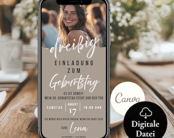 Invitación digital para el 30.º cumpleaños de una mujer | Tarjeta electrónica personalizada para una fiesta de cumpleaños | Tarjeta de invitación para los 20.º, 30.º, 40.º y 50.º cumpleaños, plantilla de invitación de cumpleaños