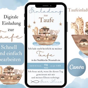Carte d'invitation au baptême de l'Arche de Noé à envoyer via WhatsApp, carte virtuelle de baptême personnalisable, invitation baptême garçon bleu, modèle Canva