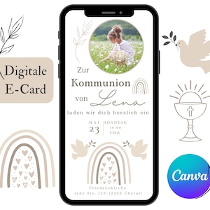 Communion invitation girl photo, customizable invitation card WhatsApp, digital invitation template Canva, confirmation first communion