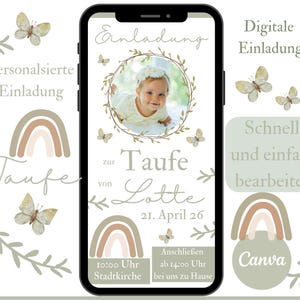 Regenboog doop uitnodiging, digitale uitnodigingskaart voor meisjes, e-card doop uitnodiging met foto voor WhatsApp, doopfeest sjabloon voor Canva