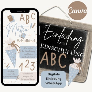 Personalisierte Einladung zur Einschulung, e-Card Schulanfang, digitale Einladungskarte Schulkind, Einladung per WhatsApp, Canva Vorlage