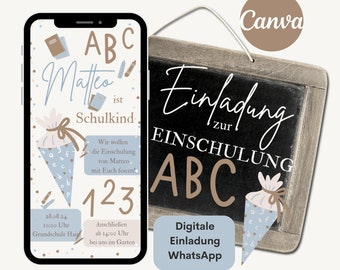 Personalisierte Einladung zur Einschulung, e-Card Schulanfang, digitale Einladungskarte Schulkind, Einladung per WhatsApp, Canva Vorlage