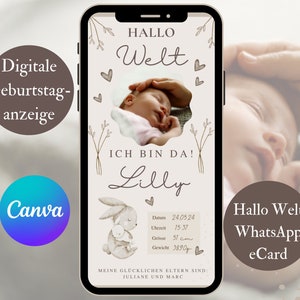 Digitale geboorteaankondiging, aankondiging van de geboorte van een meisje, geboortekaart sjabloon Canva, e-card geboorteaankondiging WhatsApp, geboortedatum sjabloon