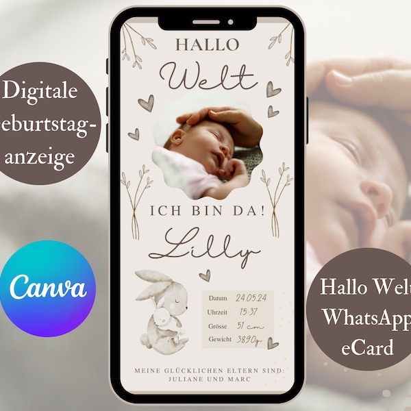 Digital birth announcement, birth announcement girl, birth card template Canva, e-card announcing birth WhatsApp, birth data template