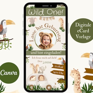 Invitation 1er anniversaire avec photo garçon | carte d'invitation numérique anniversaire enfant Wild One | eCard Safari Animaux Voiture | Modèle Canva 1 an