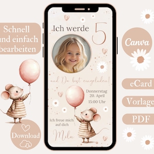 Uitnodiging 5e verjaardag meisje, digitale uitnodigingskaart WhatsApp, foto eCard verjaardagsuitnodiging, gepersonaliseerde Canva-sjabloon 5 jaar