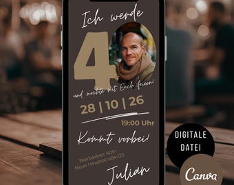 Invitation for a man's 40th birthday, digital invitation card for a WhatsApp birthday party, eCard Canva template with photo, birthday invitation for men