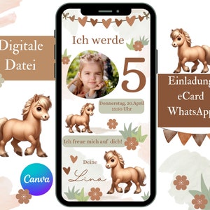 Einladungskarte zum Kindergeburtstag mit Pony, digitale Einladungskarte Pferde, eCard zum Mädchengeburtstag mit Foto, Canva Vorlage Mädchen
