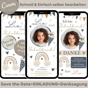 Einladung Einschulung Set | eCard Einladungskarte | Save the Date Schulanfang | Danksagung Schulkind Schulstart | Vorlage Canva Regenbogen